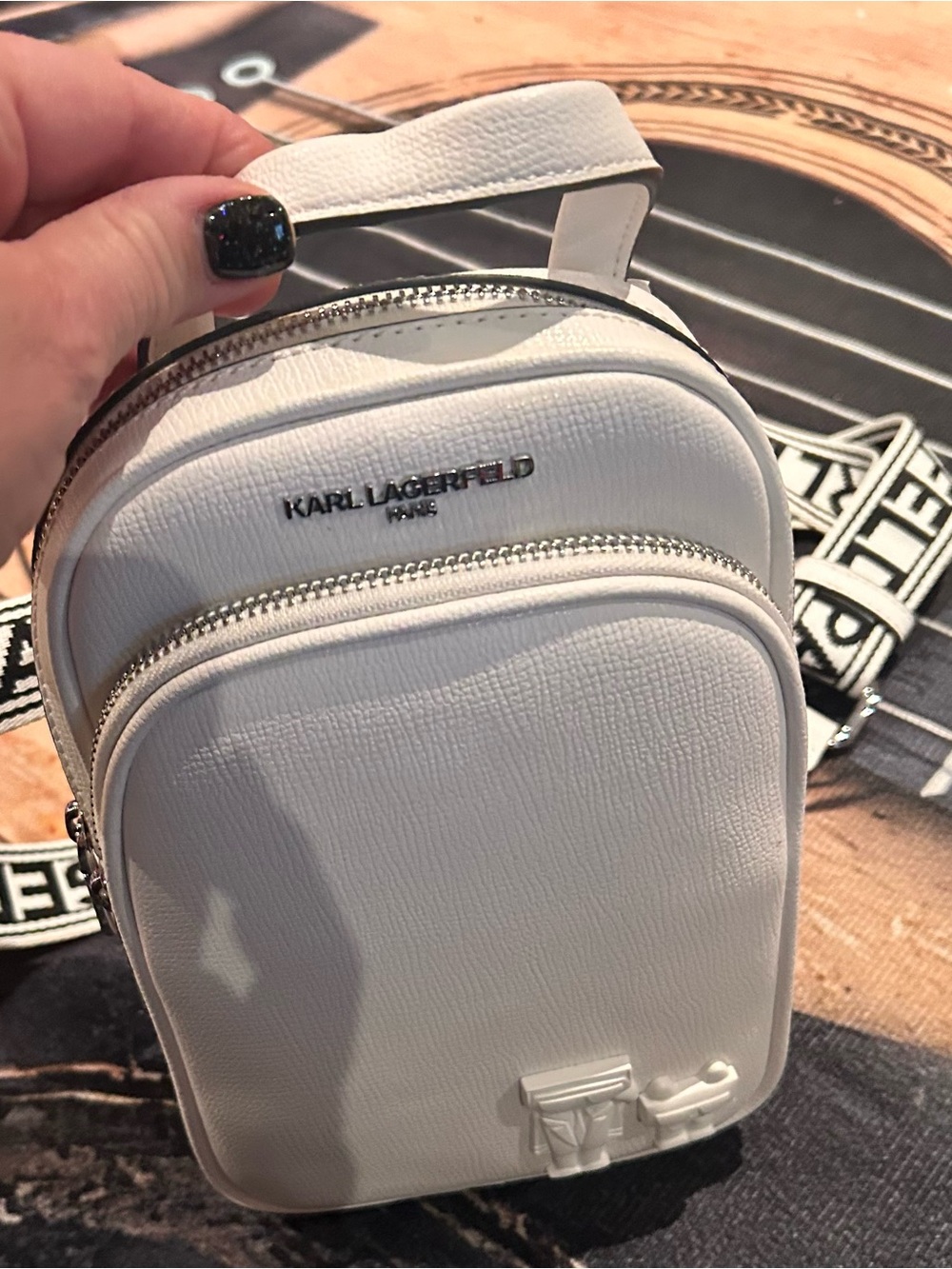 Karl Lagerfeld White Mini Backpack with Black Logo Strap